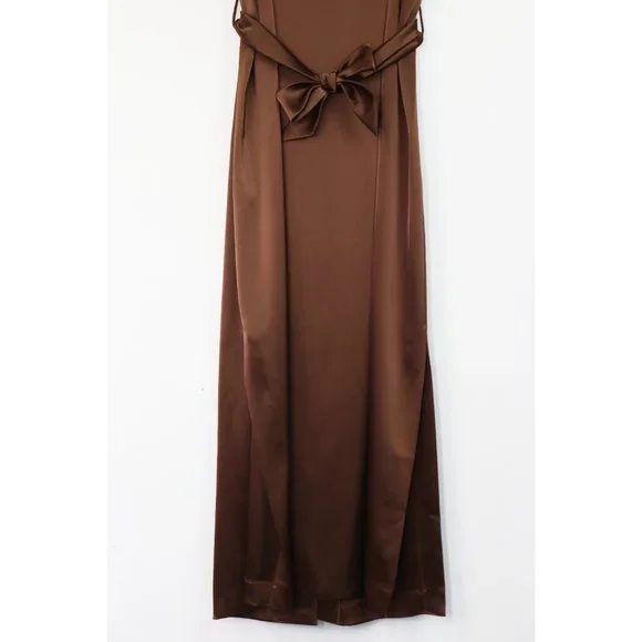 NWT Nanushka Dress Sayan Satin Spaghetti Strap Belted Wrap Tie Midi Slip Brown L - Picture 11 of 11
